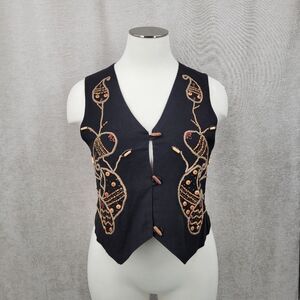 Vintage Raffia Embroidered Black Cotton Beaded Vest with Wooden Toggles Boho
